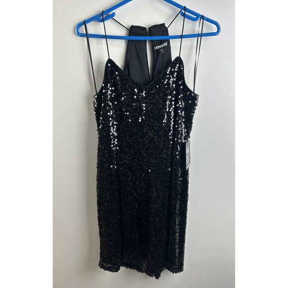Express Black Sequin Dress Sz Small Short Strappy Halter Cocktail Dress NWT - Picture 1 of 10